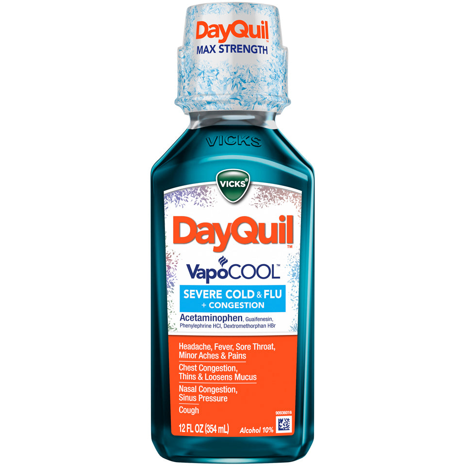 Vicks Dayquil Vapocool Severe Cold, Flu, And Congestion Medicine, 12 Fl Oz, Menthol Flavor, Maximum Strength, Relieves Cough, Sore Throat, Fever, Congestion