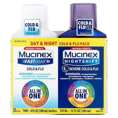 Mucinex Maximum Strength Day & Night Cold & Flu    Liquid, For Ages 12+, 6 fl oz