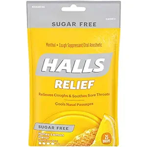 HALLS Relief Sugar Free Honey-Lemon Flavor Cough Drops, 1 Bag (25 Total Drops)