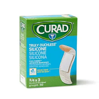 CURAD Truly Ouchless Silicone Adhesive Bandages, Fabric Bandages, For Delicate Sensitive Skin, 3/4X3 (50 Count)
