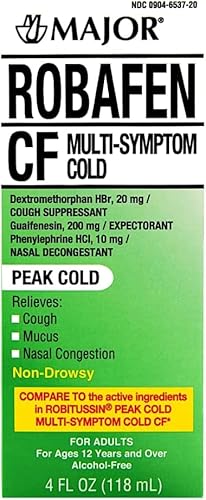 Major Robafen CF Multi-Symptom Peak - Cold Cough Syrup Dextromethorphan 20 mg / Guaifenesin 200 mg / Phenylephrine 10 mg - 4 fl oz