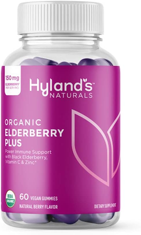 Hyland's Organic Elderberry Plus Gummies, Organic Black Elderberry with ZINC and Vitamin C, Immune Support Supplement for Adults, 60 Vegan Gummies (30 Days)