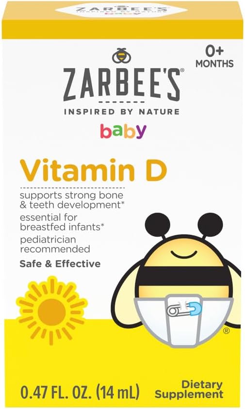 Zarbee's Vitamin D Drops for Infants, 400IU (10mcg) Baby & Toddler Liquid Supplement, Newborn & Up, Dropper Syringe Included, 0.47 Fl Oz