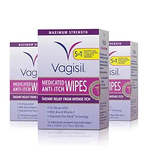 Vagisil Anti-Itch Medicated Feminine Intimate Wipes for Women, Maximum Strength, Gynecologist Tested, 12 Wipes 
