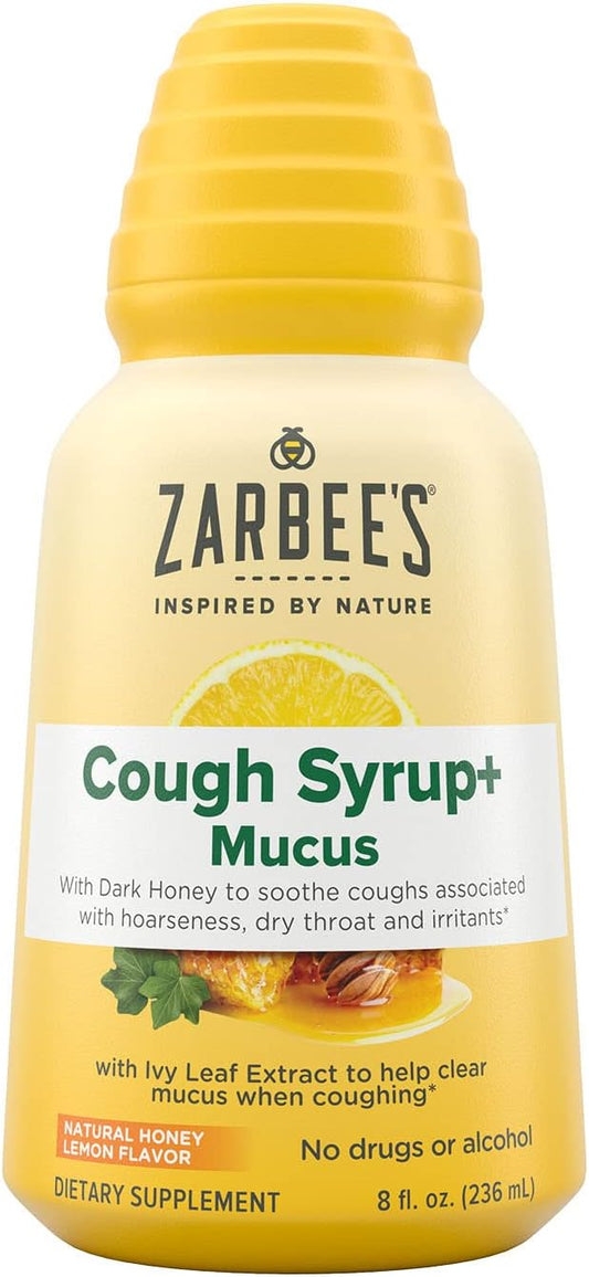 Zarbee's Adult Daytime Cough Syrup + Mucus with Honey, Ivy Leaf, Vitamin C, D & Zinc, Thyme, Drug & Alcohol-Free, Gluten-Free, Ages 12+, Natural Honey Lemon Flavor, 8 Fl.oz