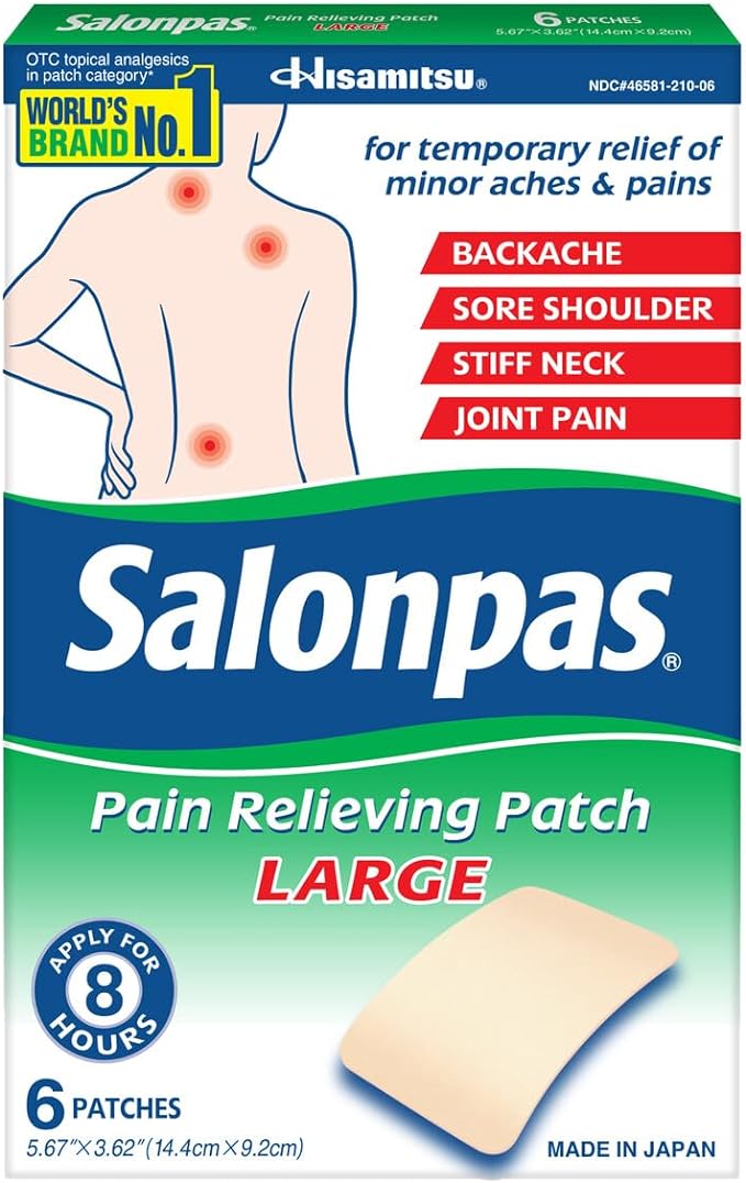 Salonpas Pain Relieving Patch, LARGE, 6 Count, for Back, Neck, Shoulder, Knee Pain and Muscle Soreness, 8 Hour Pain Relief