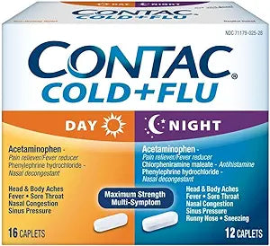 Contac Non-Drowsy Day & Multi-Symptom Night Cold & Flu Medicine, Max Strength Relief for Fever, Sore Throat, Nasal Congestion, Head & Body Aches, Runny Nose, 28 Count, 16 Day, 12 Night Caplets