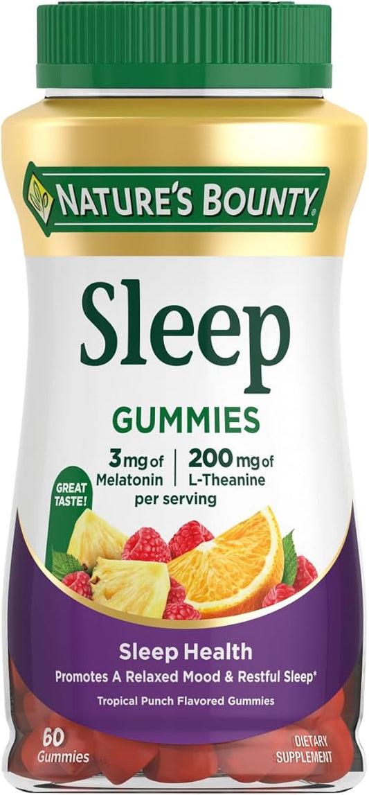 Nature's Bounty Sleep Gummies, 3mg Melatonin and 200mg L-theanine, 100% Drug-Free Sleep Aid, Promotes A Sound Sleep Cycle, 60 Count