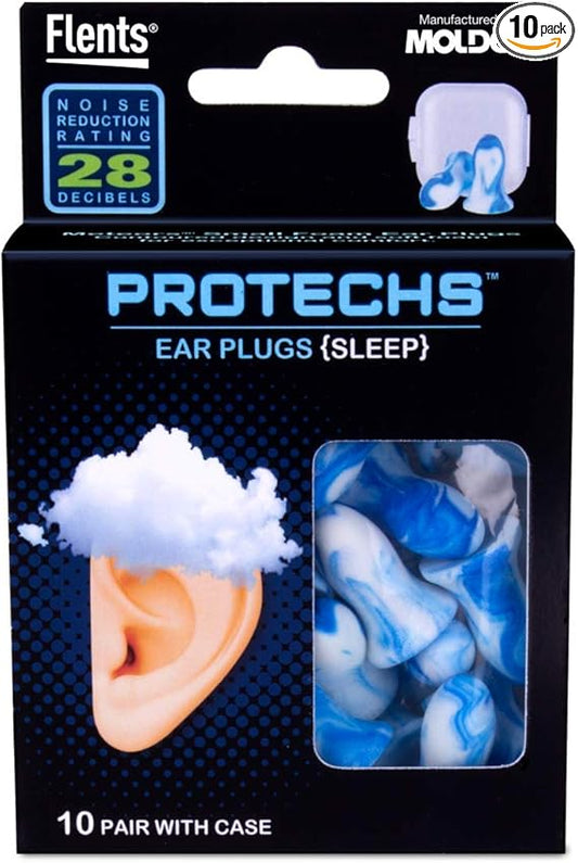 Flents Protechs Reusable Ear Plugs For Sleeping, Protection From Loud Environments, Improved Sleep, Reduces Pressure, 10 Pairs With Case, Easy Use With Comfort Fit, NRR 28, Blue, Made In The USA