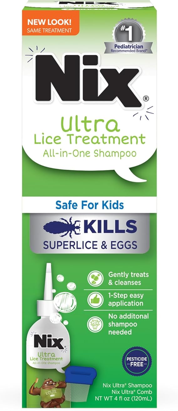 Nix Ultra Superlice Treatment, All-in-One Shampoo, 4 Fl Oz & Lice Removal Comb