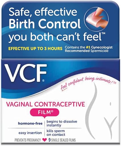 VCF Vaginal Contraceptive Film with Spermicide, 1 Box of 9 Prevents Pregnancy, Nonoxynol-9 Kills Sperm on Contact, Hormone-Free, Easy to Use, Unnoticeable, 9 Total
