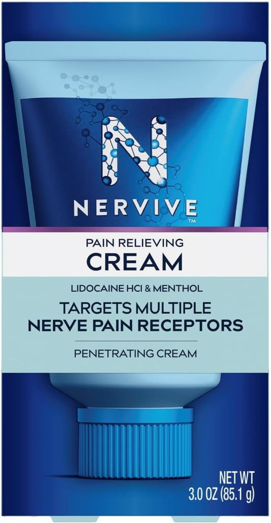 Nervive Nerve Care, Pain Relieving Cream, Max Strength Non-Greasy Topical Pain Reliever with Lidocaine and Menthol for Toes, Feet, Fingers, Hands, Legs & Arms, 3.0oz