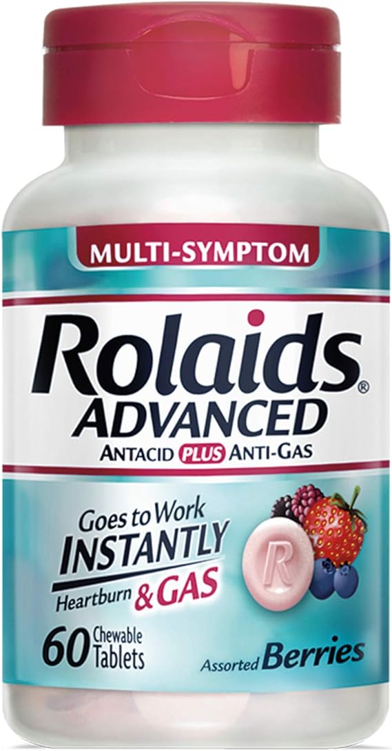 Rolaids Advanced Antacid Plus Anti-Gas 60 Chewable Tablets, Assorted Berry, Heartburn and Gas Relief, 60 Count