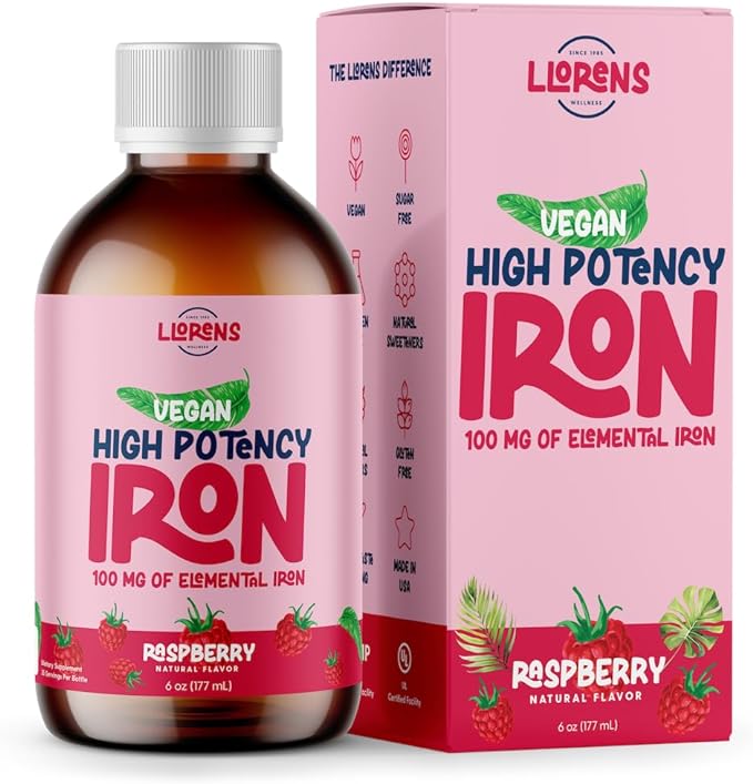 Iron Supplement Liquid Iron High Potency Iron for Women & Adults by Llorens - 100mg Polysaccharide Iron Complex Iron Supplements for Anemia and Iron Deficiency, (Raspberry, 6 oz)