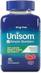 Unisom Simple Slumbers Drug Free Sleep Aid Gummies Melatonin 5mg Midnight Raspberry, Purple, 60 Count