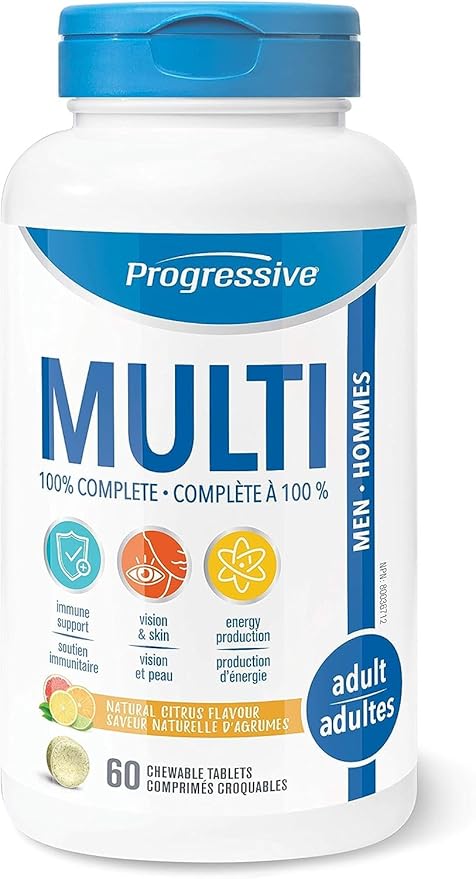 Progressive Adult MultiVitamin for Men - 60 Chewable Tablets | Made withHawthorn, Ginkgo, CoQ10, Tribulus, Maca, Vitamin K2, Mineral Citrates and Glutathione