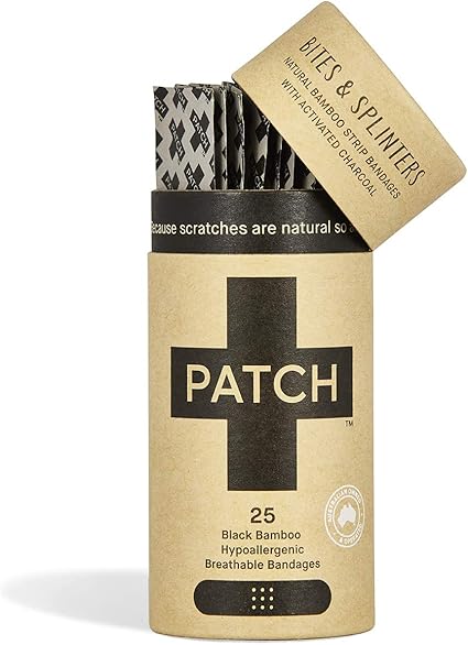 PATCH Eco-Friendly Bamboo Bandages for Bites & Splinters Hypoallergenic Wound Care for Sensitive Skin Compostable, Biodegradable, Latex Free, Plastic Free, Zero Waste, Activated Charcoal, 25ct
