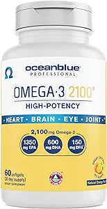 Oceanblue Professional Omega-3 2100-120 Count - High-Potency Triple Strength Burpless Fish Oil with EPA, DHA & DPA - Wild Caught - Orange Flavor, 60 Servings