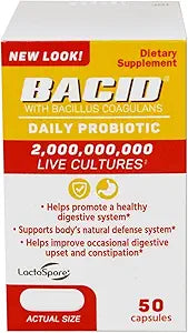 Daily Probiotic, Dietary Supplement for Digestive Health, 2 Billion Bacillus Coagulans Live Cultures, White, 50 Count