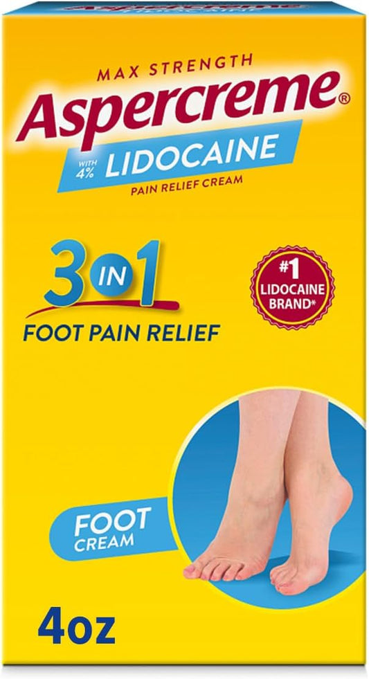 Aspercreme Max Strength Lidocaine Foot Pain Relief Cream, 4 oz., Odor Free Pain Cream