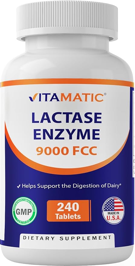 Vitamatic Lactase Enzyme 9000 FCC 240 Tablets - Lactose Intolerance Relief Caplets