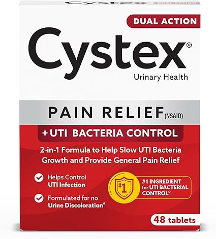 Cystex Dual Action Pain Relief, 2-in1 Formula to Help Slow UTI Bacteria Growth and Provide General Pain Relief, FSA HSA Eligible & Approved, 48 Count
