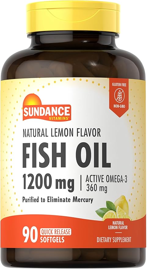 Sundance C?sulas blandas de aceite de pescado de 1200 mg | 90 unidades | con Omega-3 activo | Sabor natural a lim? | Purificado para eliminar el mercurio | Suplemento sin OMG y sin gluten