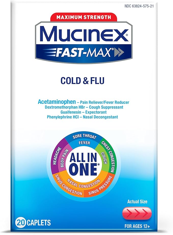 Mucinex Fast-Max Max Strength Cold and Flu Medicine for Adults, Daytime Cold Medicine, Over-the-Counter Medication With Acetaminophen, Dextromethorphan HBr, Guaifenesin, Phenylephrine HCl, 20 Caplets