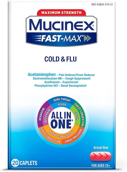 Mucinex Fast-Max Max Strength Cold and Flu Medicine for Adults, Daytime Cold Medicine, Over-the-Counter Medication With Acetaminophen, Dextromethorphan HBr, Guaifenesin, Phenylephrine HCl, 20 Caplets