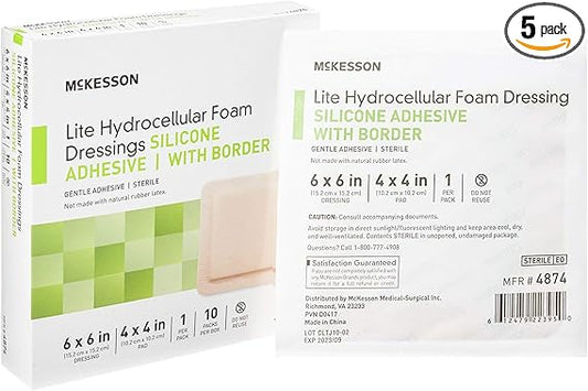 McKesson Thin Silicone Hydrocellular Foam Wound Care Dressing 6 x 6 Inches Square Adhesive Bandage with Border, 10 Count,