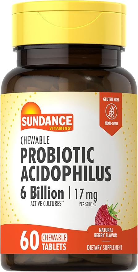 Sundance Probiotic Aciophilus 17mg | 6 Billion Active Cultures | 60 Chewable Tablets | Natural Berry Flavor | Vegetarian, Non-GMO, Gluten-Free Supplement