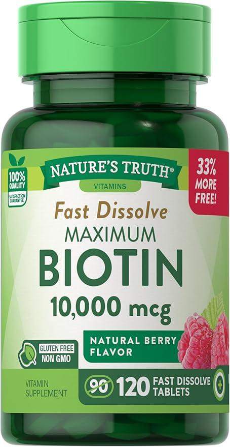 Biotin 10000mcg | 120 Fast Dissolve Tablets | Maximum Strength | Hair Skin and Nails Supplement | Natural Berry Flavor | Vegetarian, Non-GMO, Gluten Free | by Nature's Truth