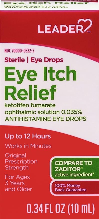 LEADER Sterile Eye Drops for Eye Allergy & Itch Relief, Ketotifen Antihistamine Solution 0.035%, Works in Minutes, up to 12 Hours, Prescription Strength 0.34 oz