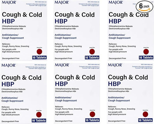 Major Cough & Cold HBP Antihistamine Suppressant Tablets for People with High Blood Pressure, 16-Count Boxes 