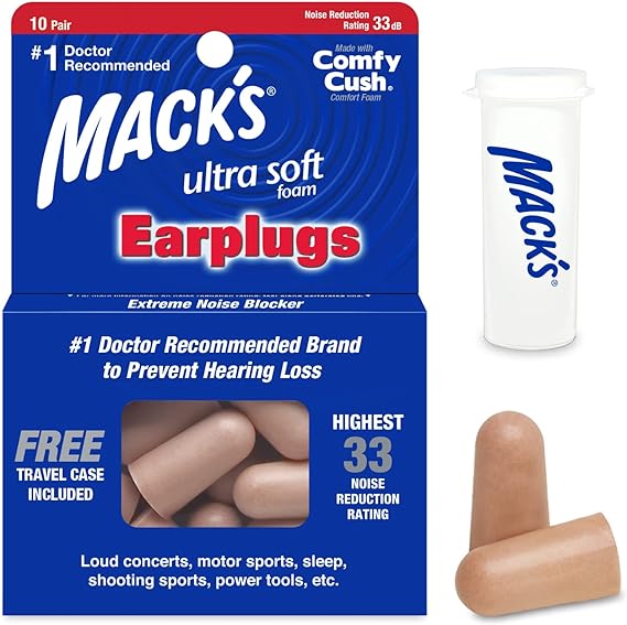 Mack's Ultra Soft Foam Earplugs, 10 Pair - 33dB Highest NRR, Comfortable Ear Plugs for Sleeping, Snoring, Work, Travel and Loud Events