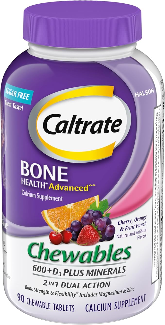 Caltrate Chewables 600 Plus D3 Plus Minerals Calcium Vitamin D Supplement, Cherry, Orange & Fruit, 90 Count