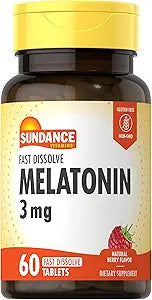 Melatonin 3mg Fast Dissolve | 60 Vegetarian Tablets | Natural Berry Flavor | Vegetarian, Non-GMO, Gluten-Free Supplement | by Sundance