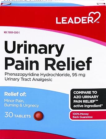 Leader Urinary Pain Relief Maximum Strength, Fast Relief of UTI Pain, Burning & Urgency, Urinary Tract Infection, Phenazopyridine Hydrochloride 95 mg, 30 Tablets
