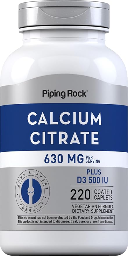 Calcium Citrate with Vitamin D3 | 630 mg | 220 Tablets | Non-GMO, Gluten-Free Supplement | by Piping Rock