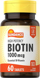 Sundance High Potency Biotin 1,000 mcg | 60 Tablets | Essential B Vitamin | Vegetarian, Non-GMO, and Gluten Free Supplement