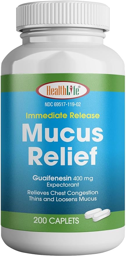 Mucus Relief Guaifenesin Caplets 400 mg, Immediate Release Fast Acting Expectorant, Thin and Loosens Mucus, Relieves Chest Congestion, Cough, Cold and Flu (medium, 200 count)