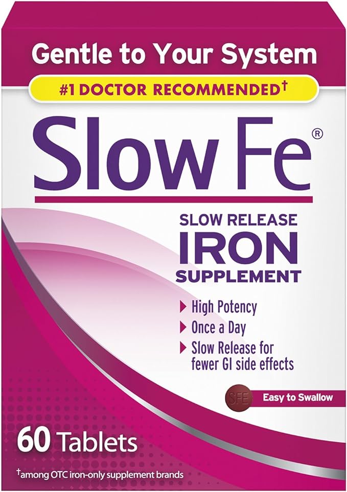 Slow Fe 45mg Iron Supplement for Iron Deficiency, Slow Release, High Potency, Easy to Swallow Tablets - 60 Count