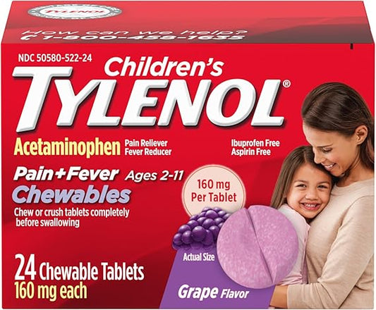 Tylenol Children's Chewables with 160 mg Acetaminophen, Pain Reliever & Fever Reducer for Kids' Cold + Flu Symptoms, Headache, Sore Throat & Toothache, Aspirin-Free, Grape Flavor, 24 ct