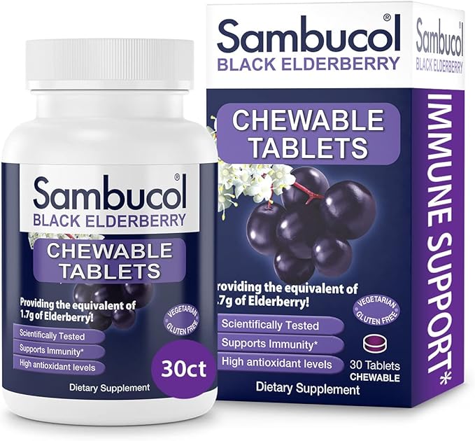 Sambucol Black Elderberry Chewable Tablets - Added Vitamin C, Chewable Elderberry Kids & Adults Tablets, Supports Immunity, Black Elderberry Tablets, Chewable Elderberry, Gluten Free, Vegan - 30 Count