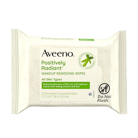 Aveeno Positively Radiant Makeup Remover Wipes, Gentle Individual Face Wipes with Moisture-rich Soy Extract to help leave your skin looking bright, Hypoallergenic Formula, Non-Comedogenic (   25)