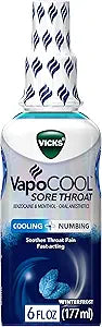 Vicks VapoCOOL Sore Throat Spray, Powerful Sore Throat Numbing Relief, Soothes Throat Pain, Fast-Acting, with Benzocaine & Menthol - Oral Anesthetics, Winterfrost Flavor, 6 FL OZ