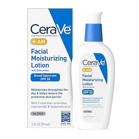 CeraVe AM Facial Moisturizing Lotion with SPF 30 | Oil-Free Face Moisturizer with SPF | Formulated with Hyaluronic Acid, Niacinamide & Ceramides | Non-Comedogenic | Broad Spectrum Sunscreen | 3 Ounce