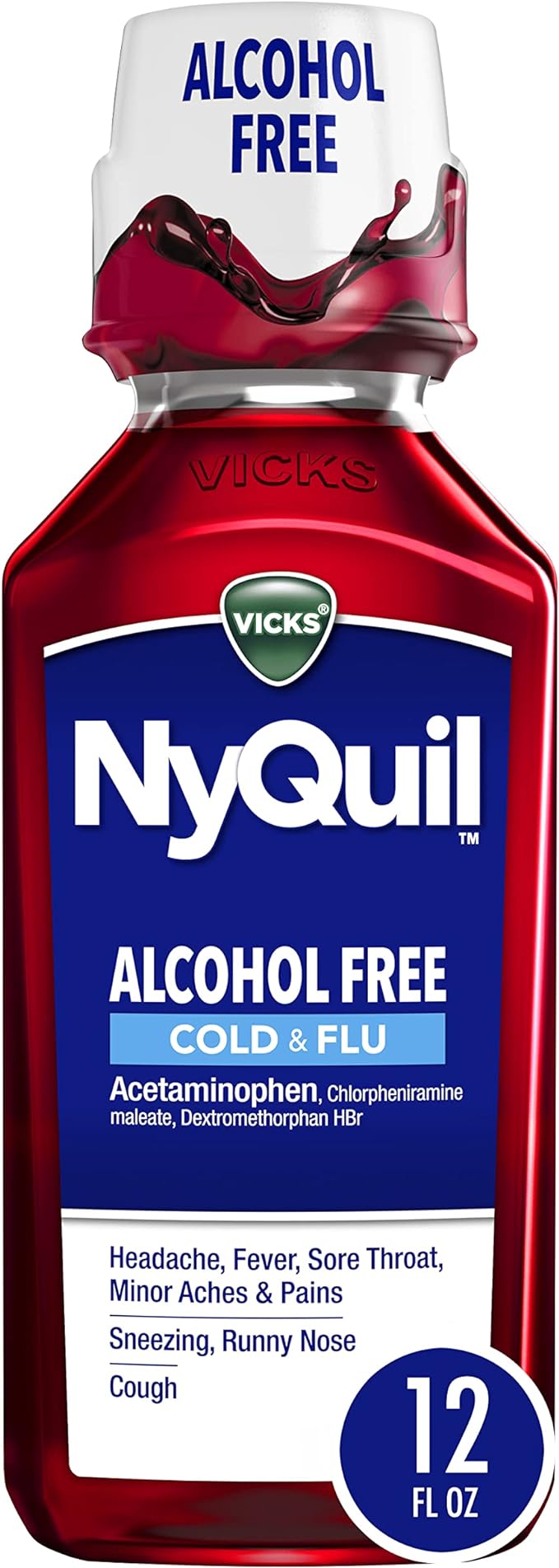 Vicks NyQuil ALCOHOL FREE Cold & Flu Relief Liquid Medicine, Powerful Multi-Symptom Nighttime Relief For Headache, Fever, Sore Throat, Sneezing, Runny Nose And Cough, Berry Flavor, 12 FL OZ