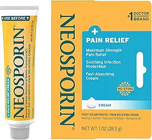 Neosporin + Maximum-Strength Pain Relief Dual Action Cream, First Aid Topical Antibiotic & Analgesic Cream for Wound Care of Minor Cuts, Scrapes & Burns, Polymyxin B & Pramoxine HCl, 1 oz
