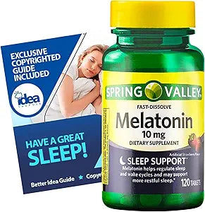 Melatonin Fast Dissolve Tablets, Sleep Support by Spring Valley, 10 mg, 120 Ct Bundle with Exclusive "Have a Great Sleep" - Better Idea Guide (2 Items)